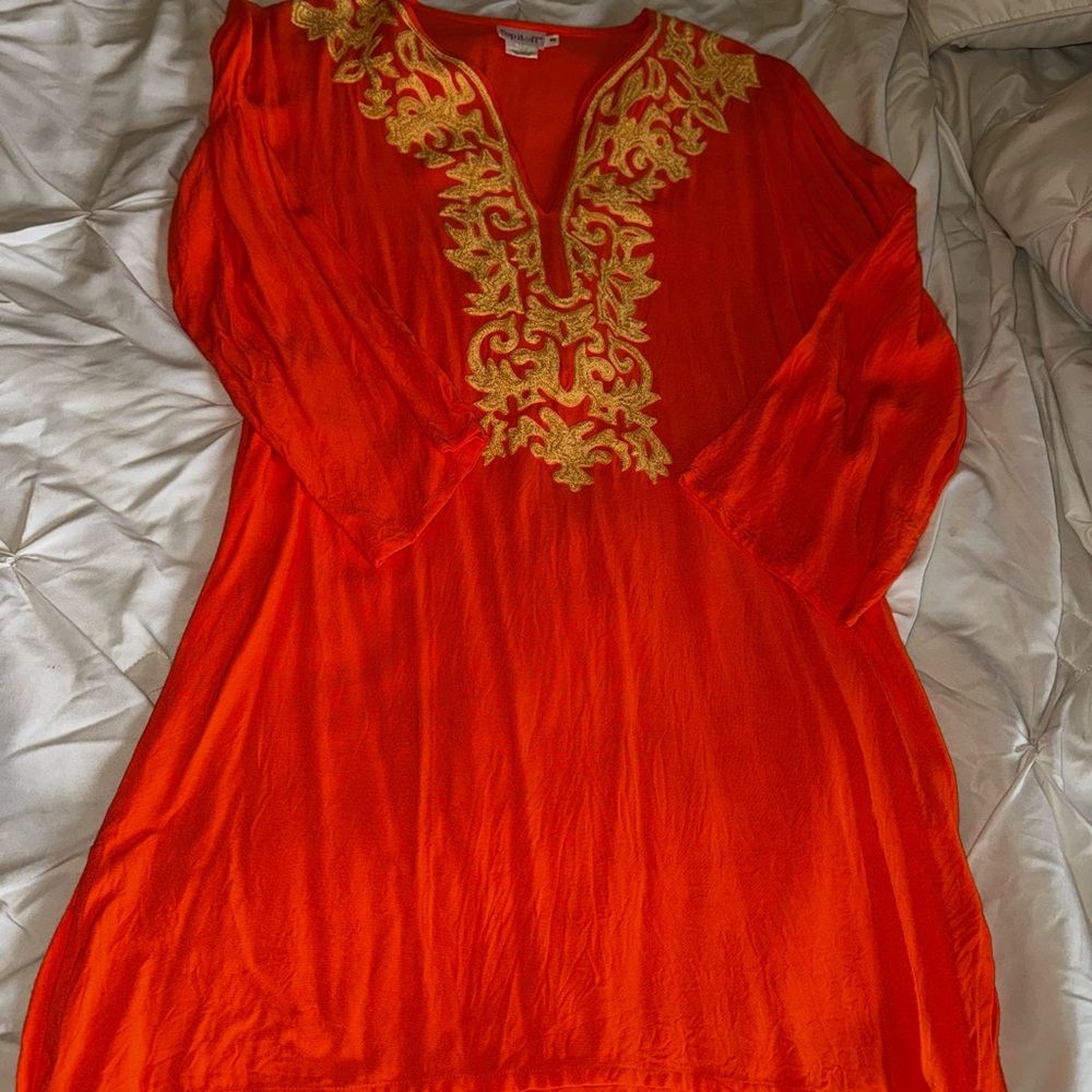 Elegant Orange Tunic Dress Coverup with Gold Embroidery Sz S
